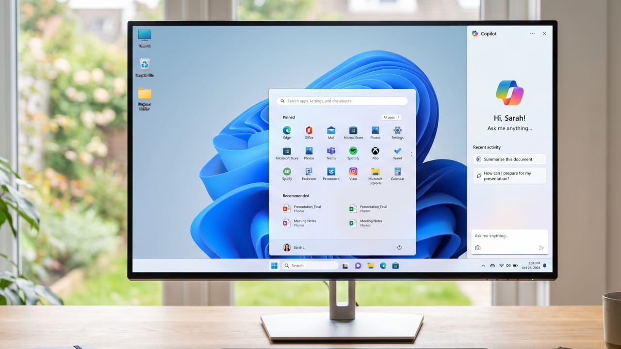Windows 11 desktop interface showing new Start menu, Taskbar, and AI search features