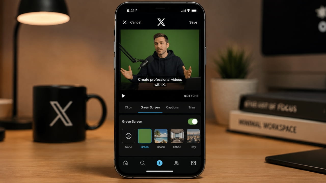 X app interface showing video editing features including green screen and caption tools on an iPhone